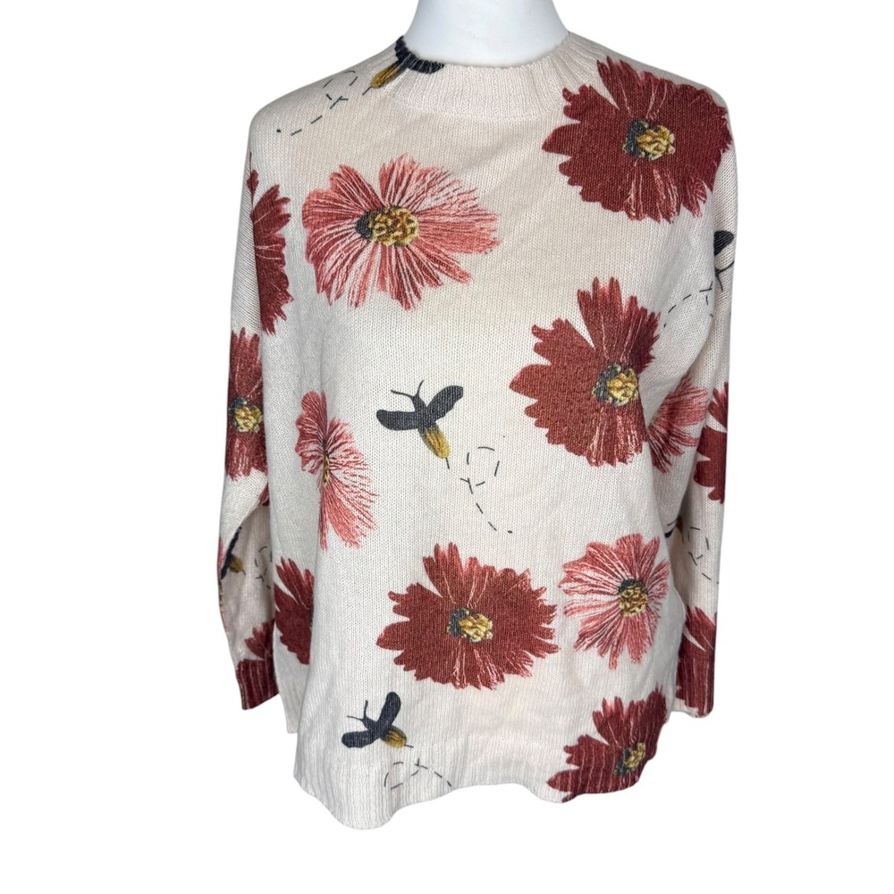 SHEIN Curve Women 2XL Floral Firefly Knit Sweater Cream Red Crew Neck Pullover